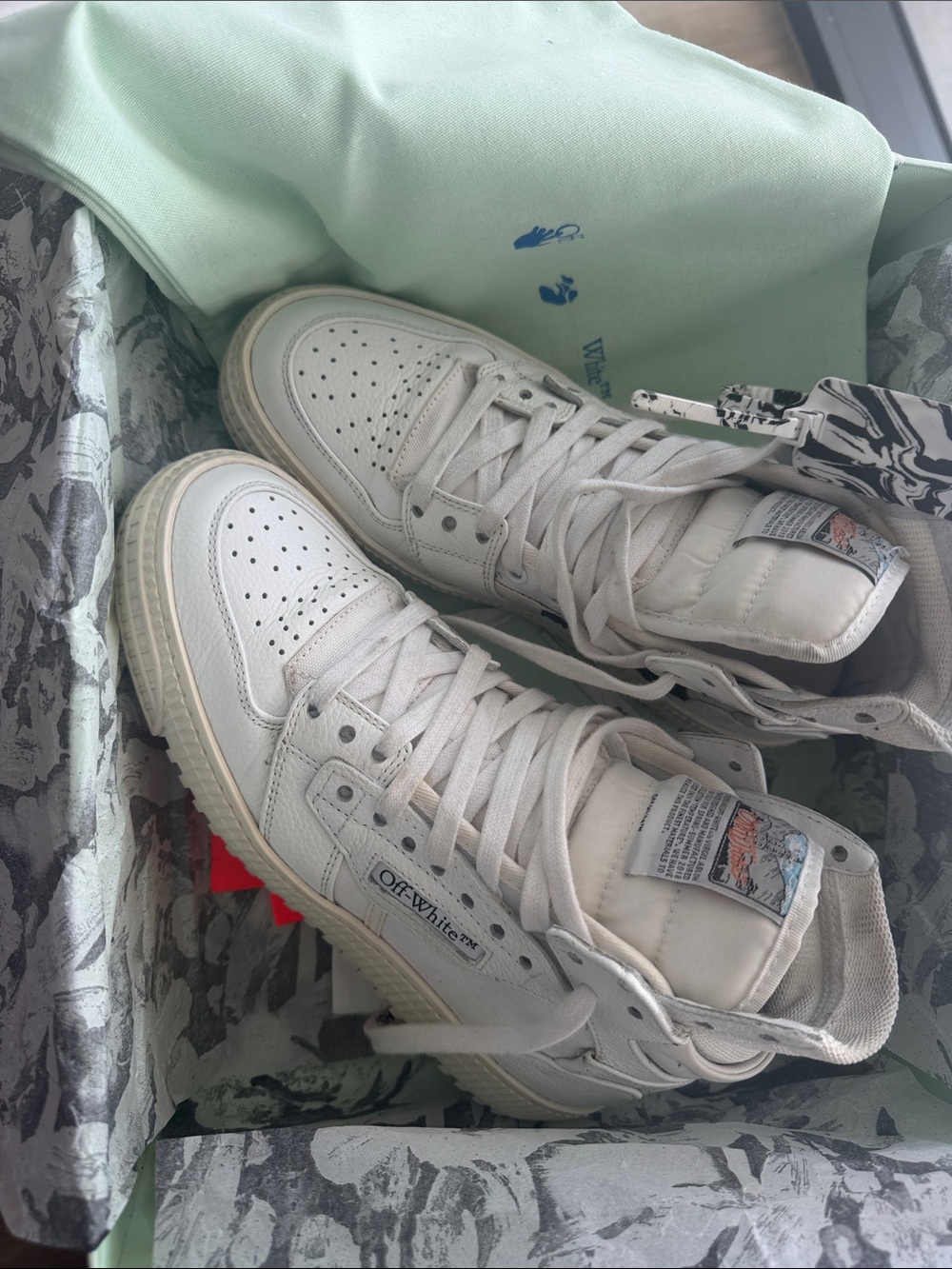 Off-White Cream/White High-Top Sneakers with Signature Tag